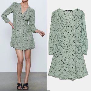 Zara Sage Green VNeck Polka Dot Puff Sleeves Dress